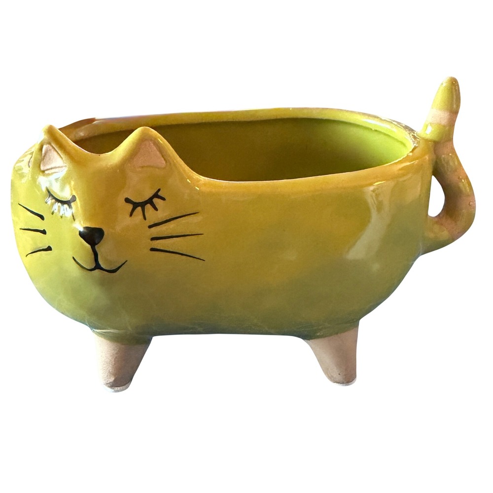Green Cat Planter Pot Small Chartreuse Ceramic New